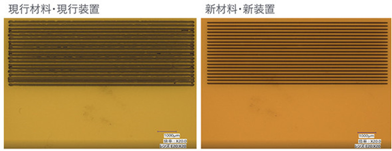 A comparison of the L/S=50/50µm trace formation between the new materials and equipment (right) and the current materials and equipment (left).